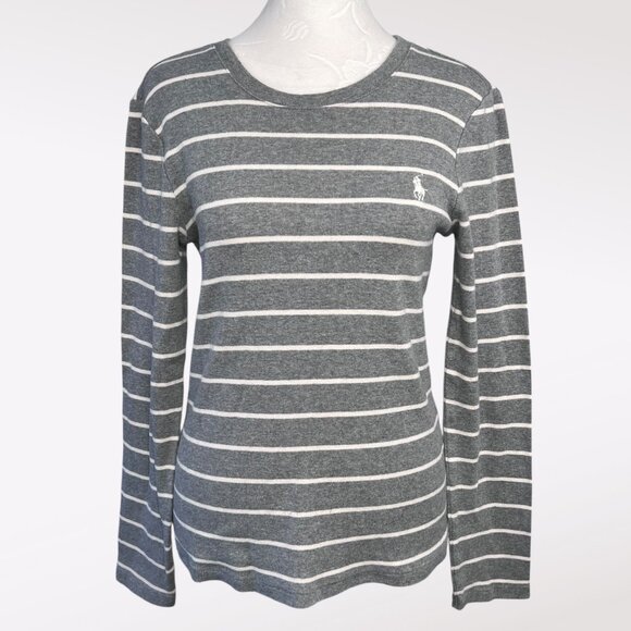 Ralph Lauren Sport Gray White Stripe Long Sleeve Tee Shirt Size Small - Picture 1 of 9
